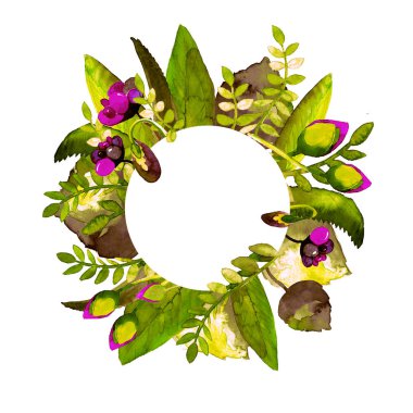 Daire çerçeve çiçek ile. Elle çizilmiş suluboya resim. Bir baskı kumaş veya çerçeve için Sayın metin için kullanılabilir