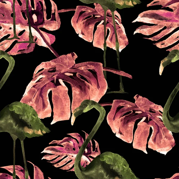 Patrón sin costura de acuarela. Ilustración pintada a mano de hojas y flores tropicales. Motivo de verano tropical con patrón tropical . — Foto de Stock