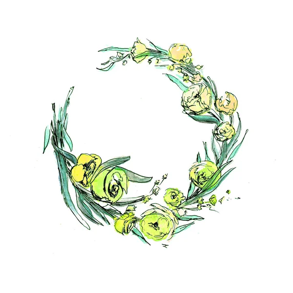Coroa de aquarela com flores de primavera. Pode ser usado como uma impressão para tecido, fundo para convite de casamento, cartão de saudação romântica . — Fotografia de Stock