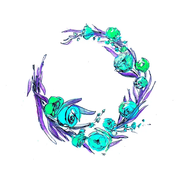 Watercolor Wreath with Spring Flowers. Can be used as a Print for Fabric, Background for Wedding Invitation, Romantic Greeting Card. — Stock Photo, Image