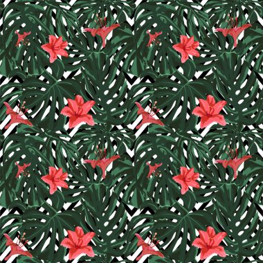 Tropikal yazdır. Orman Seamless modeli. Vektör Tropic yaz motifi ile Hawaiian çiçek. 