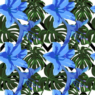 Tropikal yazdır. Orman Seamless modeli. Vektör Tropic yaz motifi ile Hawaiian çiçek. 