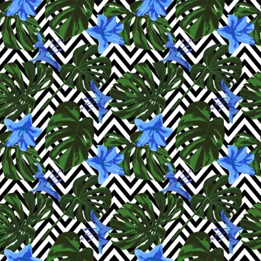 Tropikal yazdır. Orman Seamless modeli. Vektör Tropic yaz motifi ile Hawaiian çiçek. 