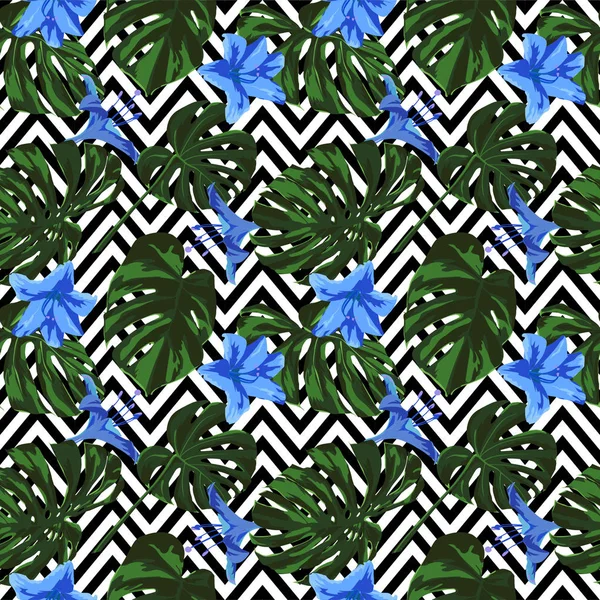 Tropiska Print. Jungle sömlösa mönster. Vector Tropic sommaren motiv med Hawaiian Flowers. — Stock vektor