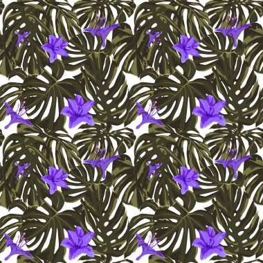 Tropikal yazdır. Orman Seamless modeli. Vektör Tropic yaz motifi ile Hawaiian çiçek. 