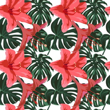 Tropikal yazdır. Orman Seamless modeli. Vektör Tropic yaz motifi ile Hawaiian çiçek. 