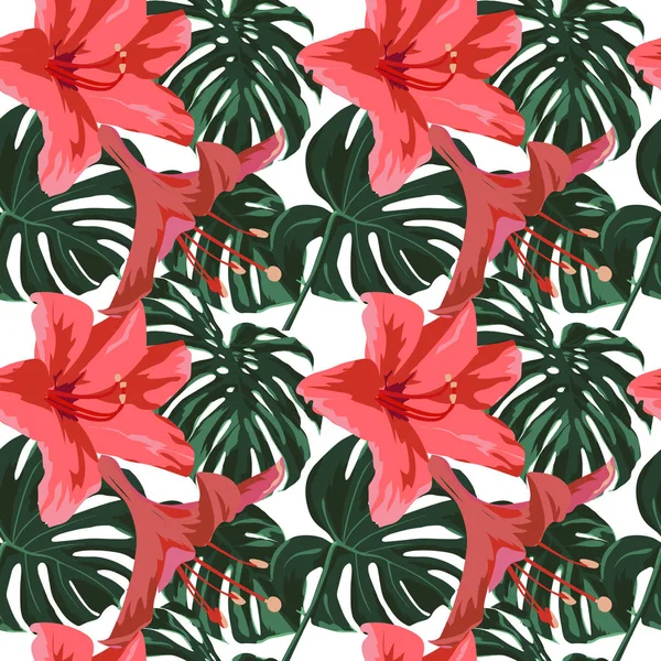 Impresión tropical. Patrón sin costuras de la selva. Motivo de verano tropical vectorial con flores hawaianas . — Archivo Imágenes Vectoriales