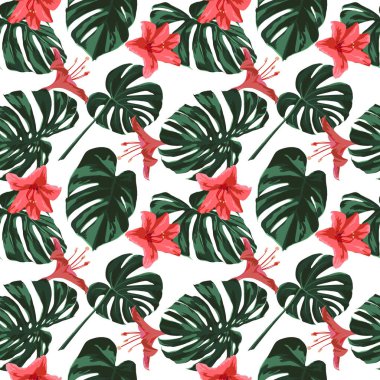 Tropikal yazdır. Orman Seamless modeli. Vektör Tropic yaz motifi ile Hawaiian çiçek. 