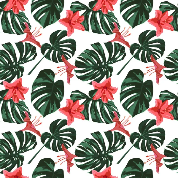 Tropiska Print. Jungle sömlösa mönster. Vector Tropic sommaren motiv med Hawaiian Flowers. — Stock vektor