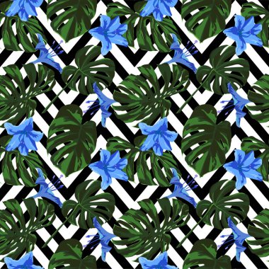 Tropikal yazdır. Orman Seamless modeli. Vektör Tropic yaz motifi ile Hawaiian çiçek. 