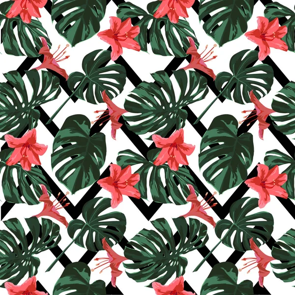 Impressão Tropical. Selva padrão sem costura. Vector Tropic Summer Motif com flores havaianas . — Vetor de Stock
