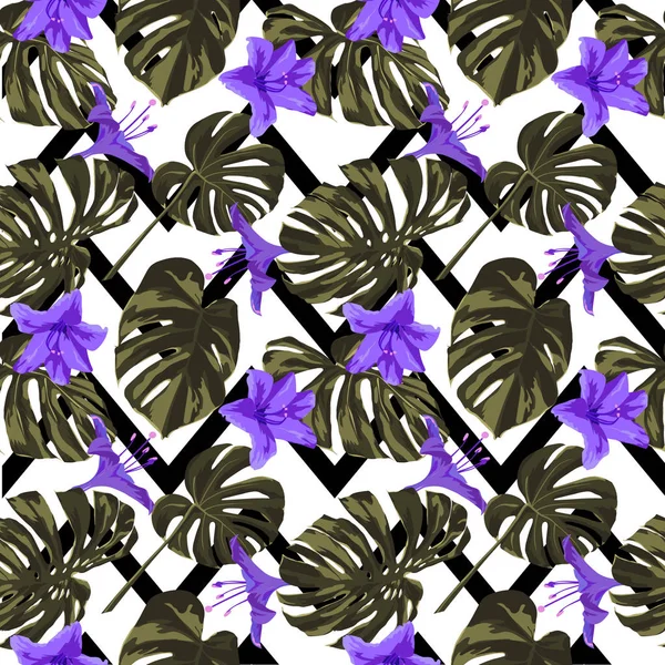 Tropical Print. Jungle Seamless Pattern. Motif d'été tropical vectoriel avec fleurs hawaïennes . — Image vectorielle