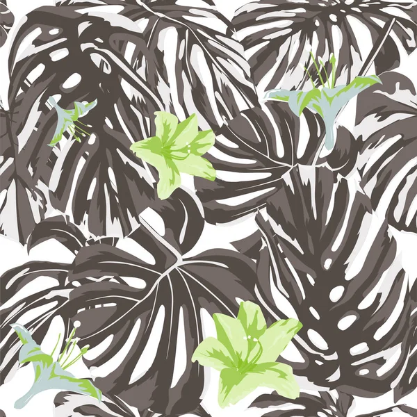 Impressão Tropical. Selva padrão sem costura. Vector Tropic Summer Motif com flores havaianas . —  Vetores de Stock