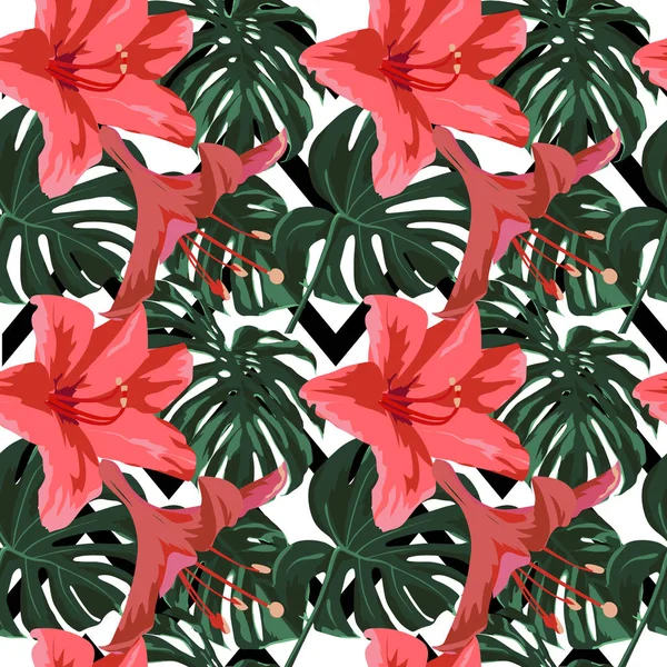 Tropiska Print. Jungle sömlösa mönster. Vector Tropic sommaren motiv med Hawaiian Flowers. — Stock vektor