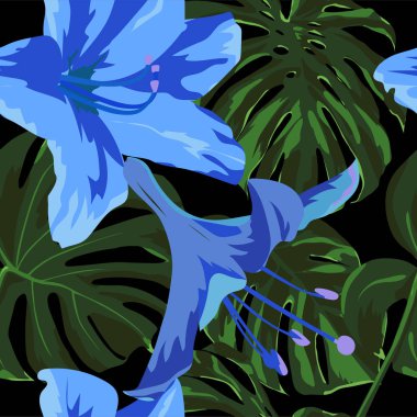 Tropikal yazdır. Orman Seamless modeli. Vektör Tropic yaz motifi ile Hawaiian çiçek. 