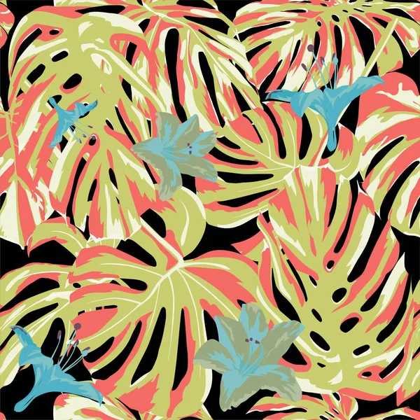 Stampa tropicale. Jungle Seamless Pattern. Motivo estivo tropicale vettoriale con fiori hawaiani . — Vettoriale Stock