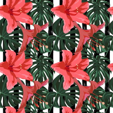 Tropikal yazdır. Orman Seamless modeli. Vektör Tropic yaz motifi ile Hawaiian çiçek. 