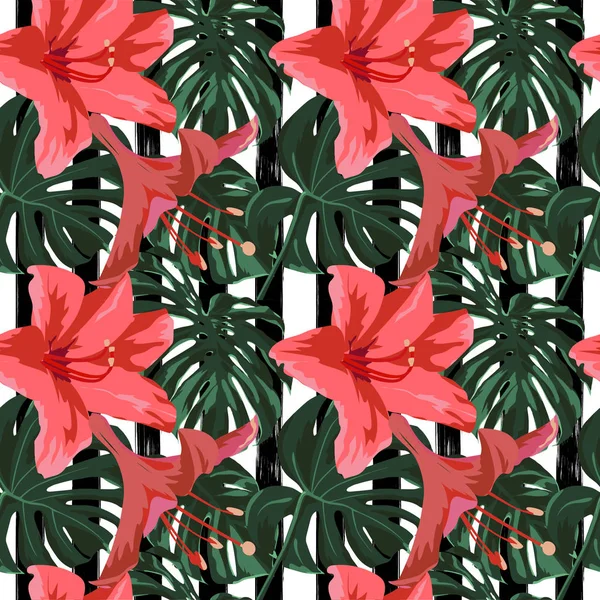 Tropiska Print. Jungle sömlösa mönster. Vector Tropic sommaren motiv med Hawaiian Flowers. — Stock vektor