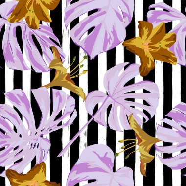 Tropikal yazdır. Orman Seamless modeli. Vektör Tropic yaz motifi ile Hawaiian çiçek. 