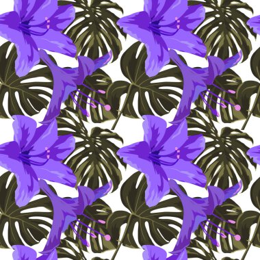 Tropikal yazdır. Orman Seamless modeli. Vektör Tropic yaz motifi ile Hawaiian çiçek. 
