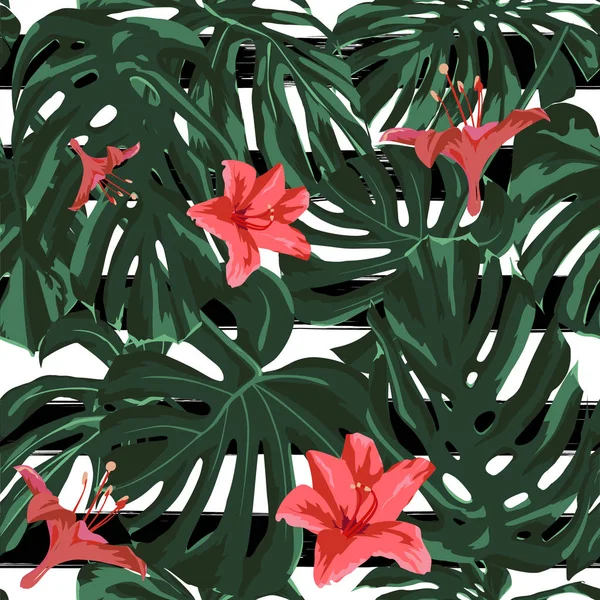 Impressão Tropical. Selva padrão sem costura. Vector Tropic Summer Motif com flores havaianas . — Vetor de Stock