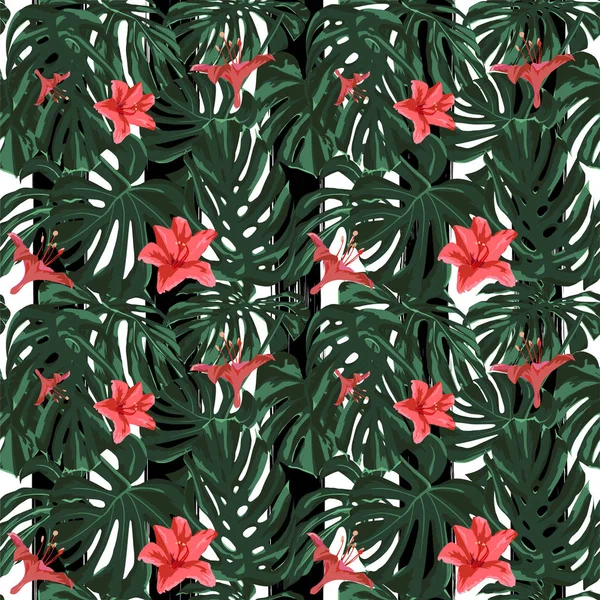 Tropiska Print. Jungle sömlösa mönster. Vector Tropic sommaren motiv med Hawaiian Flowers. — Stock vektor