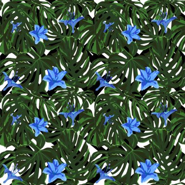 Tropikal yazdır. Orman Seamless modeli. Vektör Tropic yaz motifi ile Hawaiian çiçek. 