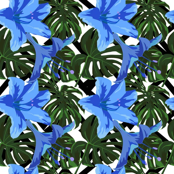 Stampa tropicale. Jungle Seamless Pattern. Motivo estivo tropicale vettoriale con fiori hawaiani . — Vettoriale Stock