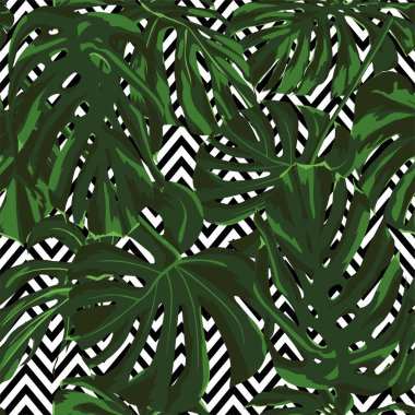 Tropikal yazdır. Orman Seamless modeli. Vektör çizim tropikal yaprak ve çiçek. Arka plan doku, kağıt, tekstil, kumaş veya duvar kağıdı sarma.  