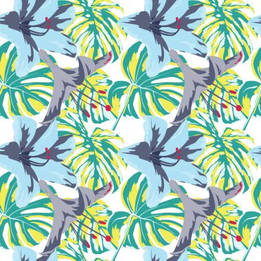 Tropikal yazdır. Orman Seamless modeli. Vektör Tropic yaz motifi ile Hawaiian çiçek. 