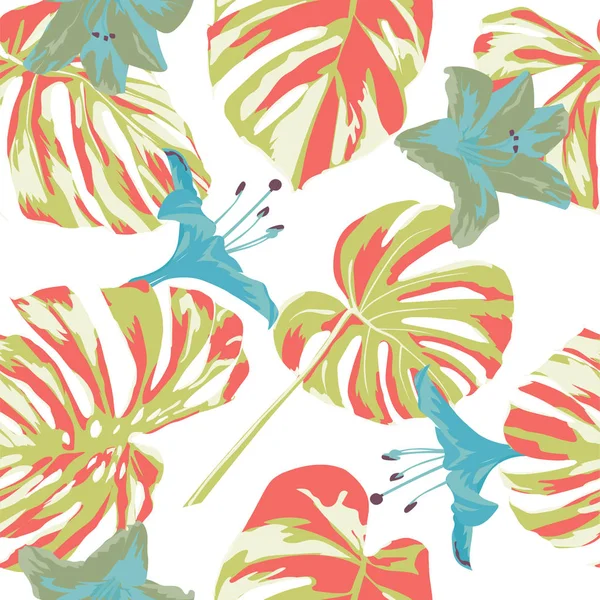 Impressão Tropical. Selva padrão sem costura. Vector Tropic Summer Motif com flores havaianas . —  Vetores de Stock