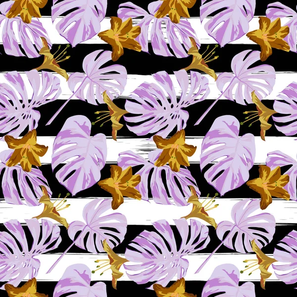 Tropical Print. Jungle Seamless Pattern. Motif d'été tropical vectoriel avec fleurs hawaïennes . — Image vectorielle