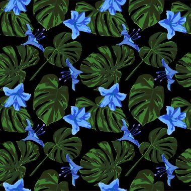 Tropikal yazdır. Orman Seamless modeli. Vektör Tropic yaz motifi ile Hawaiian çiçek. 