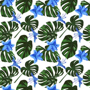 Tropikal yazdır. Orman Seamless modeli. Vektör Tropic yaz motifi ile Hawaiian çiçek. 