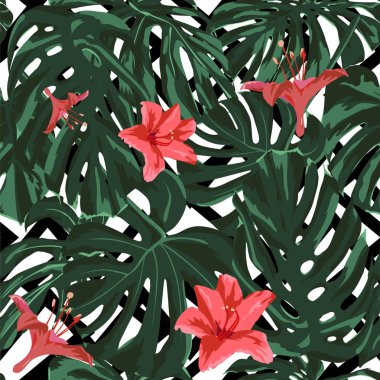 Tropikal yazdır. Orman Seamless modeli. Vektör Tropic yaz motifi ile Hawaiian çiçek. 
