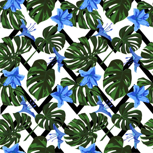 Tropical Print. Jungle Seamless Pattern. Motif d'été tropical vectoriel avec fleurs hawaïennes . — Image vectorielle