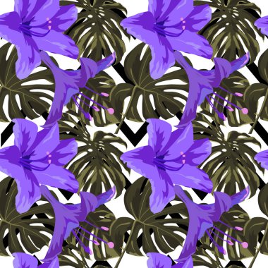 Tropikal yazdır. Orman Seamless modeli. Vektör Tropic yaz motifi ile Hawaiian çiçek. 