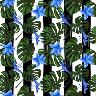 Tropikal yazdır. Orman Seamless modeli. Vektör Tropic yaz motifi ile Hawaiian çiçek. 