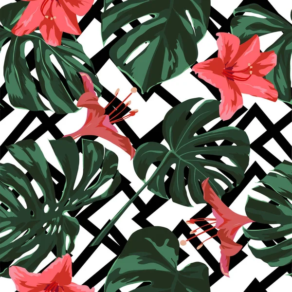 Impresión tropical. Patrón sin costuras de la selva. Motivo de verano tropical vectorial con flores hawaianas . — Archivo Imágenes Vectoriales