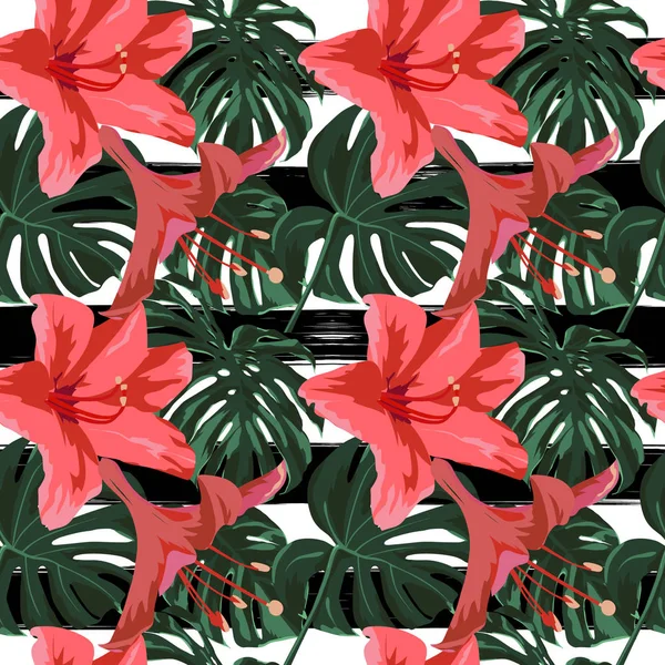 Tropiska Print. Jungle sömlösa mönster. Vector Tropic sommaren motiv med Hawaiian Flowers. — Stock vektor