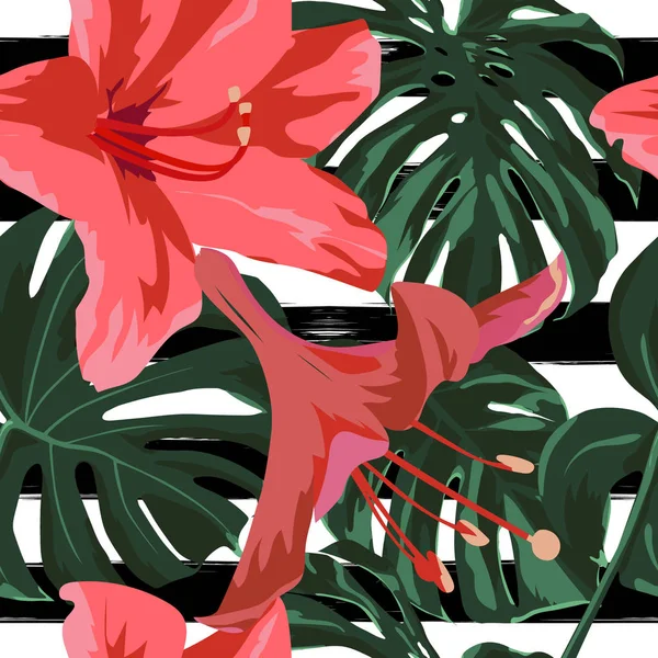 Tropikalnym nadrukiem. Wzór dżungli. Wektor zwrotnik lato motyw z hawajskie kwiaty. — Wektor stockowy