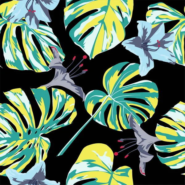 Impressão Tropical. Selva padrão sem costura. Vector Tropic Summer Motif com flores havaianas . — Vetor de Stock