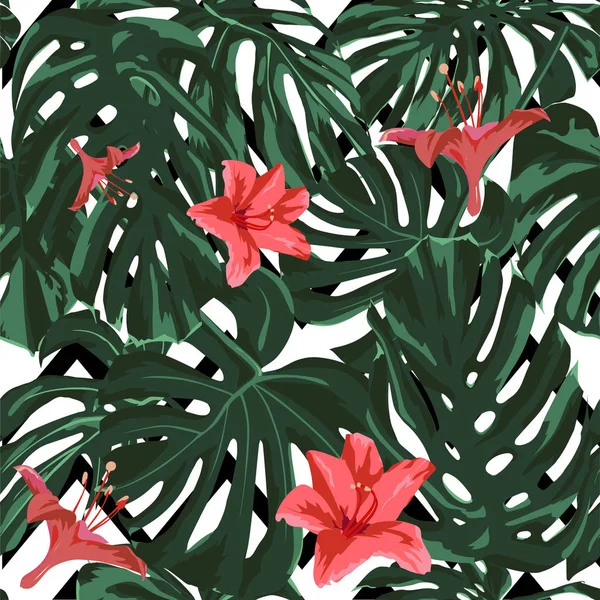 Tropische Print. Jungle naadloze patroon. Vector Tropic zomer motief met Hawaiian bloemen. — Stockvector