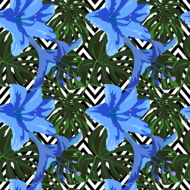 Tropikal yazdır. Orman Seamless modeli. Vektör Tropic yaz motifi ile Hawaiian çiçek. 