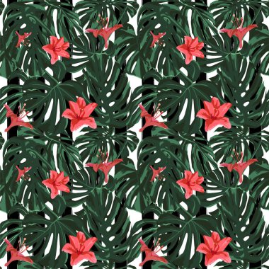 Tropikal yazdır. Orman Seamless modeli. Vektör Tropic yaz motifi ile Hawaiian çiçek. 