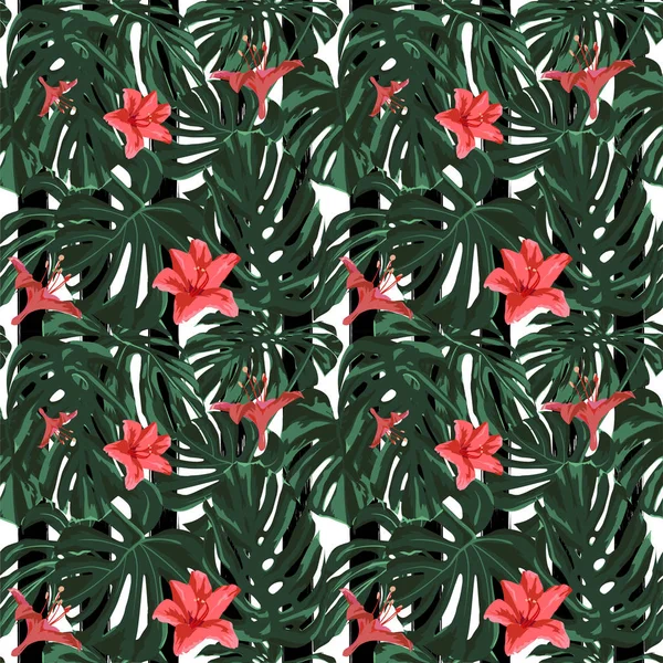 Tropiska Print. Jungle sömlösa mönster. Vector Tropic sommaren motiv med Hawaiian Flowers. — Stock vektor