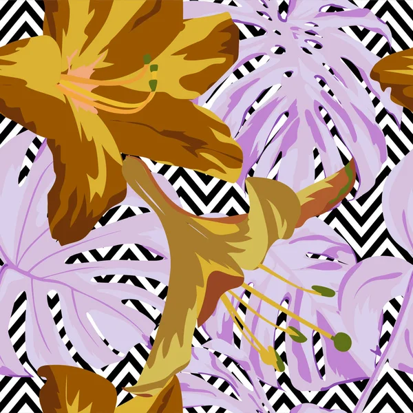 Impressão Tropical. Selva padrão sem costura. Vector Tropic Summer Motif com flores havaianas . —  Vetores de Stock