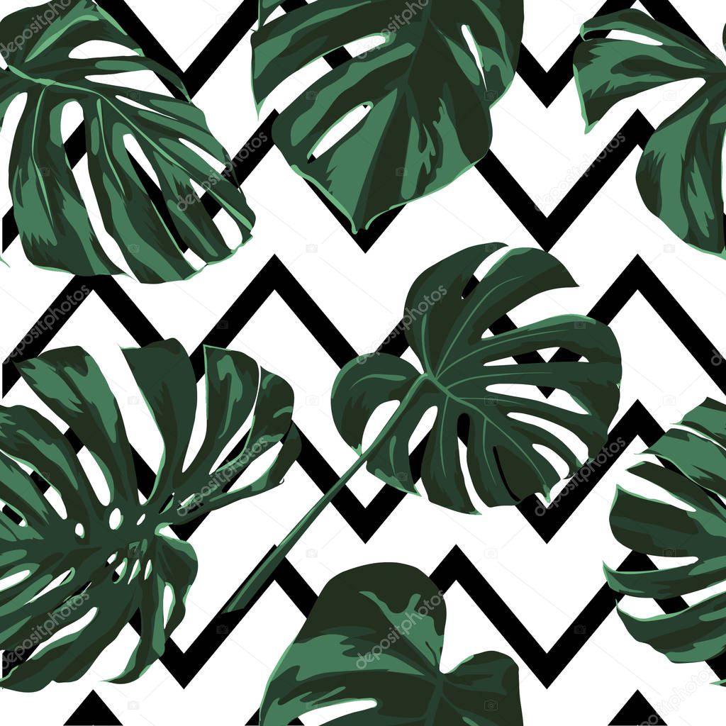 Tropical Print. Jungle Seamless Pattern. Vector Tropic Summer Motif with Hawaiian Flowers. 