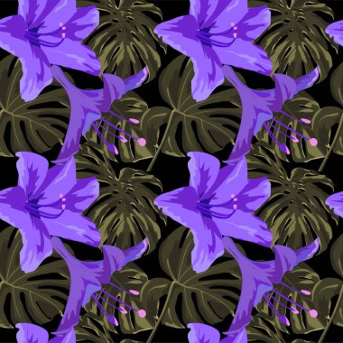 Tropikal yazdır. Orman Seamless modeli. Vektör Tropic yaz motifi ile Hawaiian çiçek. 