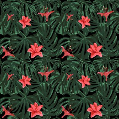 Tropikal yazdır. Orman Seamless modeli. Vektör Tropic yaz motifi ile Hawaiian çiçek. 